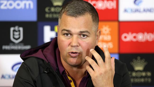 Broncos coach Anthony Seibold speaks to the media after his side’s loss to South Sydney. Picture: Mark Kolbe/Getty Images