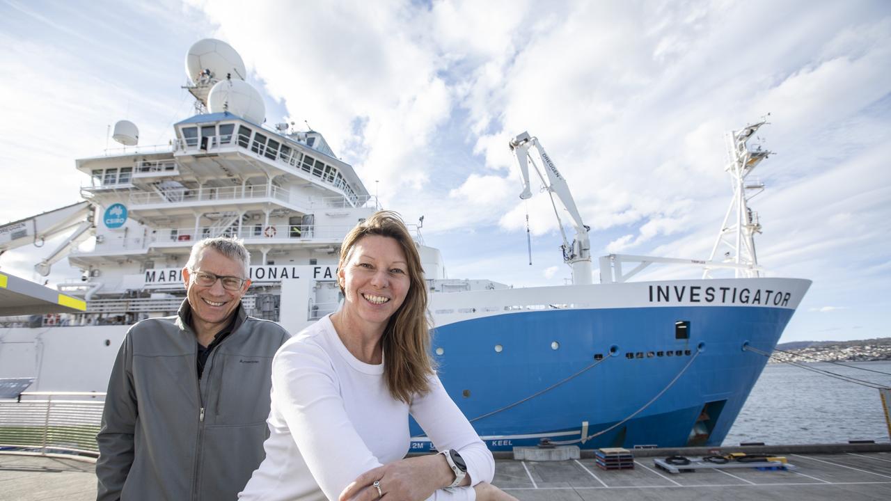 CSIRO Chief Research Scientist for the SEA-MES voyage Rich Little and CSIRO Research technician Carlie Devine alongside the RSV Investigator. Picture: Eddie Safarik