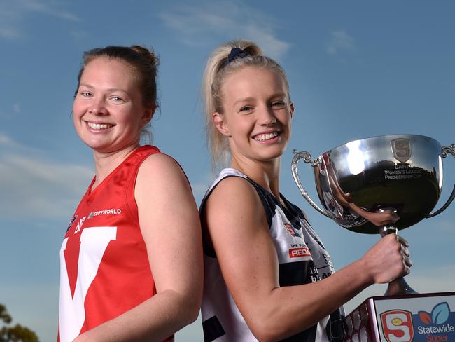 July 31st 2020 - The SANFLW finals start next weekend and the final four are locked in with Norwood, North Adelaide, South Adelaide and West Adelaide preparing to contest the major round. Captains (L-R) Ali Ferrall (Norwood), Leah Tynan (North), Sam Pratt (South) and Lauren Gee (West) at Thebarton Oval . Picture: Naomi Jellicoe