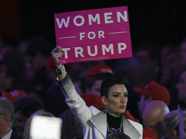 A supporter of Republican presidential nominee Donald Trump flashes a sign during election night at the New York Hilton. Picture: AFP/Timothy A Clary