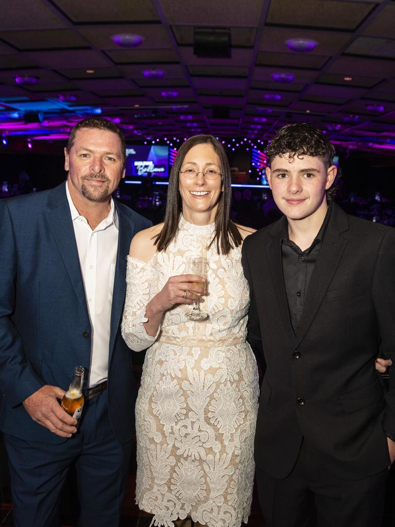 At the Downs and Western Housing and Construction Awards are Mick Heaney of Rise Construction with Emma Heaney and Tuan Heaney at Rumours International, Friday, July 22, 2022. Picture: Kevin Farmer