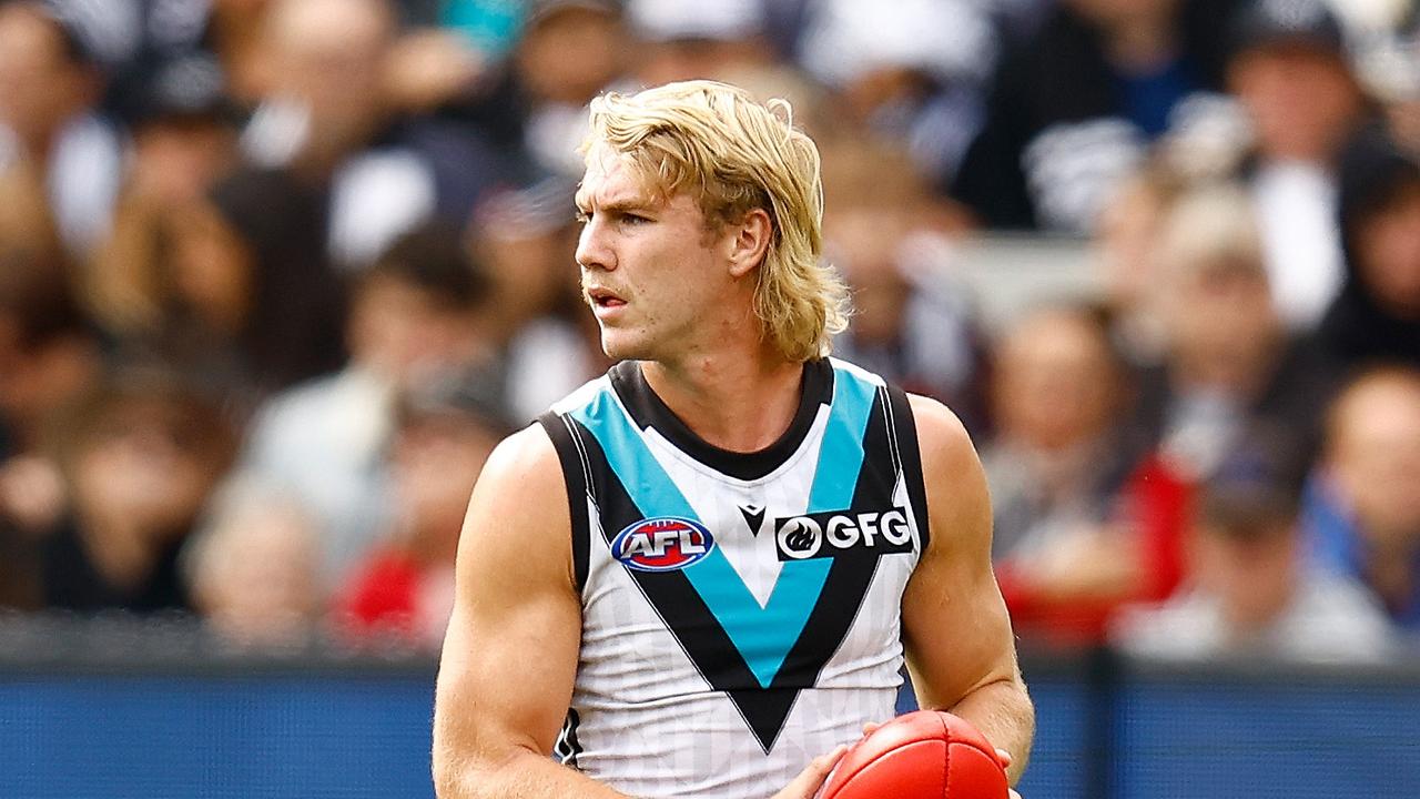 Jason Horne-Francis of the Power in action during the 2023 AFL Round 02 match between the Collingwood Magpies and the Port Adelaide Power at the Melbourne Cricket Ground on March 25, 2023 in Melbourne, Australia. (Photo by Michael Willson/AFL Photos via Getty Images)