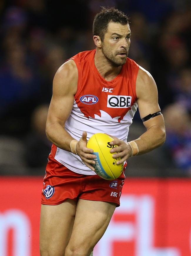 AFL Round 4. 14/04/2018. Western Bulldogs vs Sydney Swans at Etihad Stadium. Sydney's Heath Grundy . Pic: Michael Klein