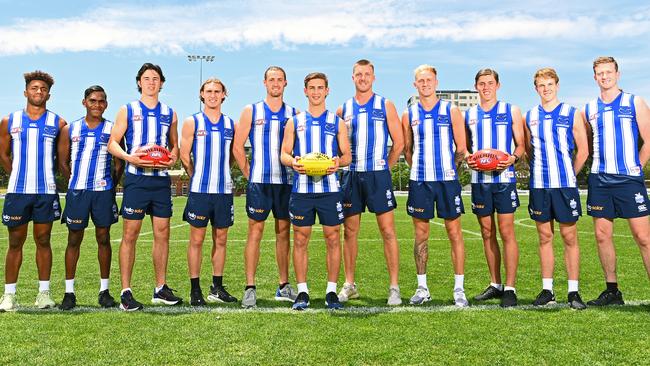 The new Roos: Atu Bosenavulagi, Phoenix Spicer, Eddie Ford, Charlie Lazzaro, Lachie Young, Will Phillips, Aidan Corr, Jaidyn Stephenson, Patrick Walker, Tom Powell and Connor Menadue.