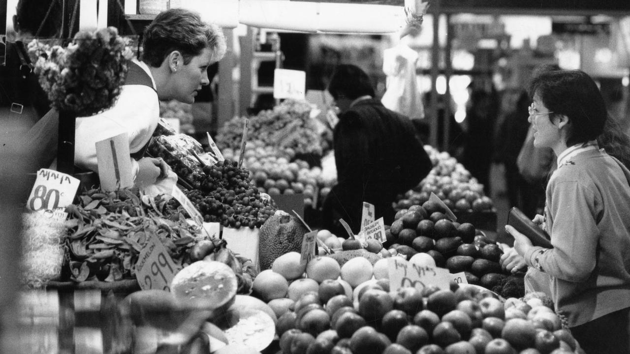 A fruit and vegetable stall in the Central Market, 1991.