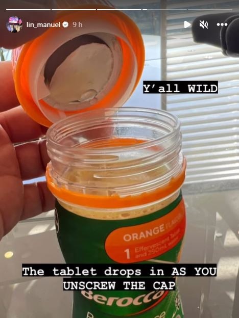 Posting to his Instagram story, Miranda said “Y’all wild,” declaring his new appreciation for the quick energy release tablet that drops into the bottle upon unscrewing the cap. Picture: Instagram @lin_manuel