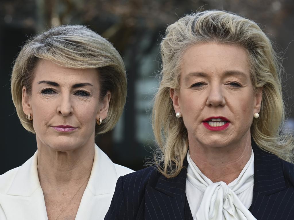 Senator Michaelia Cash and Senator Bridget McKenzie during a press conference at Parliament House in Canberra. Picture: NCA NewsWire / Martin Ollman