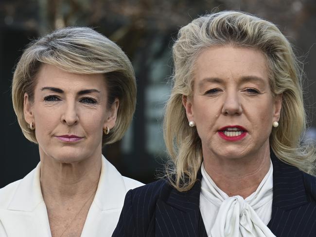 Senator Michaelia Cash and Senator Bridget McKenzie during a press conference at Parliament House in Canberra. Picture: NCA NewsWire / Martin Ollman