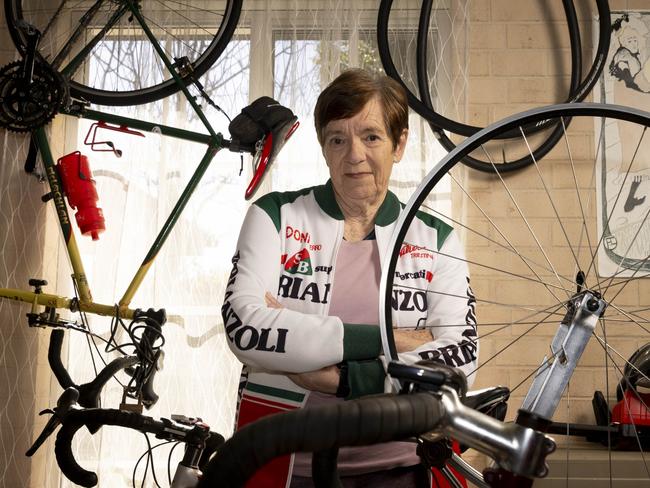 EMBARGO FOR TWAM 05 AUG 2023. FEE MAY APPLY. 11/07/2023 Pioneering female cyclist, Margaret McLachlan tinkers with a bike rim in the garage of her Cooranbong home near Lake Macquarie. Peter Stoop/TWAM