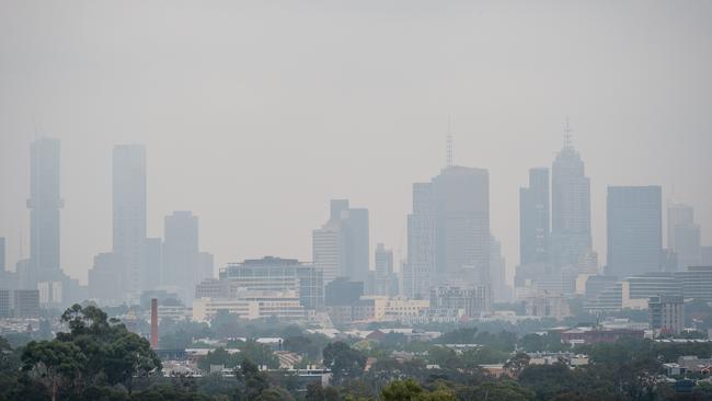 Smoke from the bushfires caused thick haze in Melbourne’s CBD. Picture: Jake Nowakowski