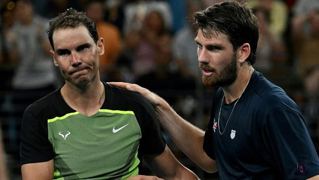 Rafael Nadal and Britain's Cameron Norrie shake hands after their match on day three of the United Cup. Picture: AFP