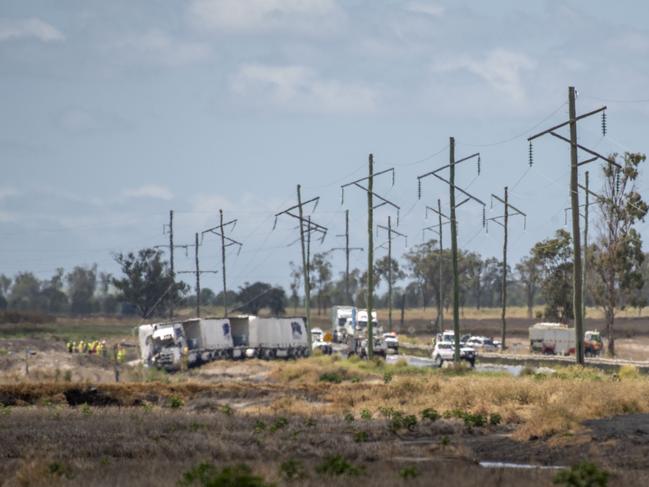 Fatal crash involving car and truck on Warrego Highway between Bowenville and Dalby. Sunday, January 30, 2022. Picture: Nev Madsen.