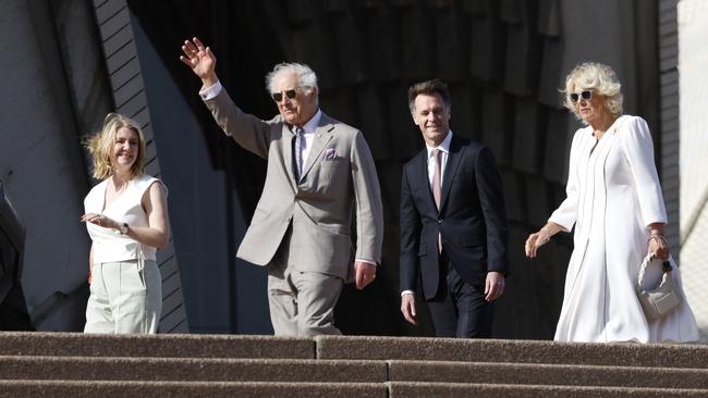 King Charles III and Queen Camilla pictured with NSW Premier Chris Minns as they arrive at the Sydney Opera House. Picture: NewsWire / Damian Shaw