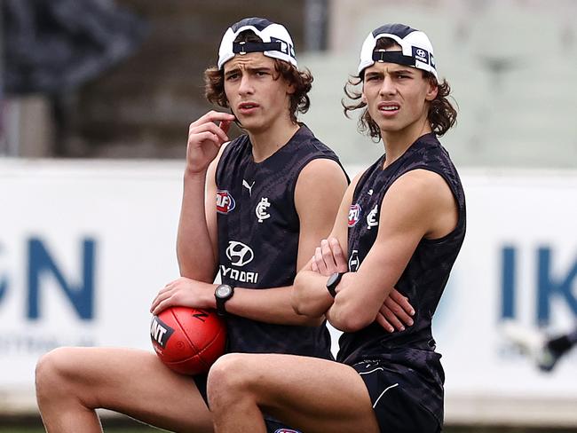 Ben (left) and Lucas Camporeale, twin sons of Scott Camporeale, train at Ikon Park. Picture: Michael Klein