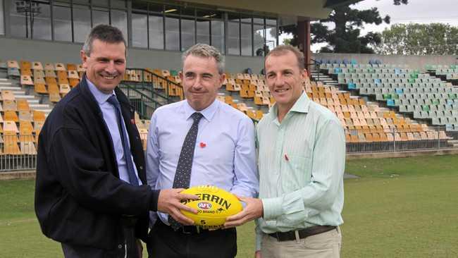 Lismore Council's general manager Gary Murphy, Member for Page Kevin Hogan and mayor Isaac Smith welcomed the fast tracking of $3M upgrade funding for Oakes Oval in April. Picture: ON THE BALL: Alison Paterson