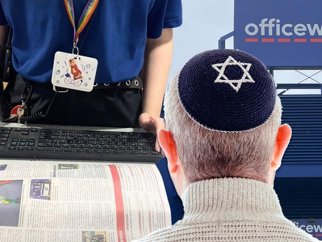 1 August 2024; Photo comp of Officeworks and employee that refused service for man wearing a kippah, iStock image of a man wearing a kippah in front. Collage. Sources supplied. Ratio 16:9.