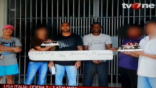 Myuran Sukumaran celebrates his 34th birthday on with inmates on the island 12 days before his execution. Picture: TV One.