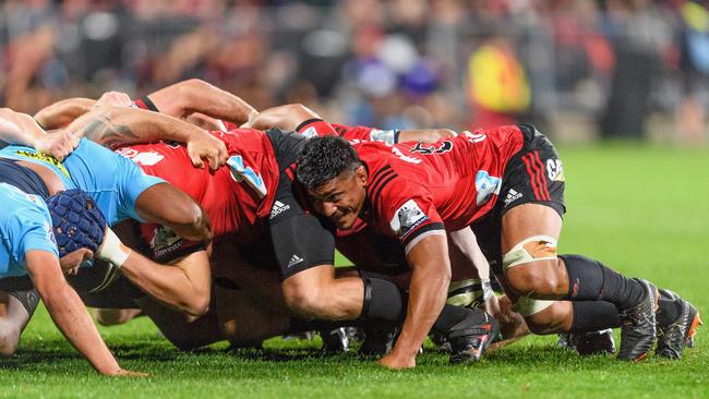 Peter Samu packs down on the side of the Crusaders’ scrum against the Waratahs.