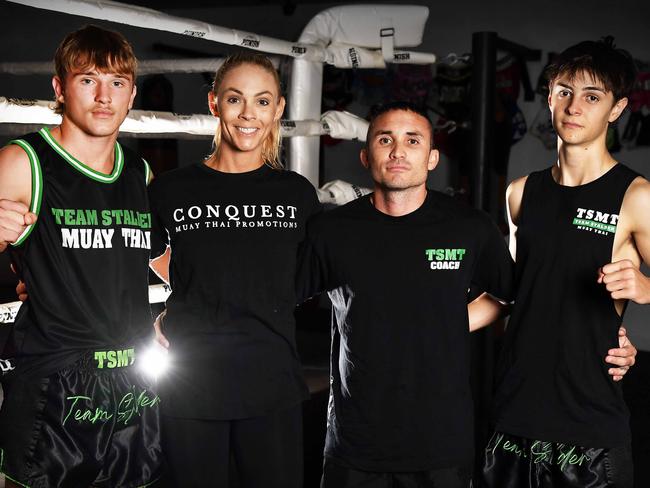 Fighters Dre Stalder and Jayden Carroll with coach Brodie and Elise Stalder of Stalder Muay Thai. Picture: Patrick Woods.