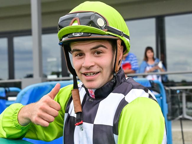 Matthew Chadwick  after winning the Bondys Contractors BM58 Handicap at Ararat Racecourse on March 04, 2022 in Ararat, Australia. (Brendan McCarthy/Racing Photos via Getty Images)