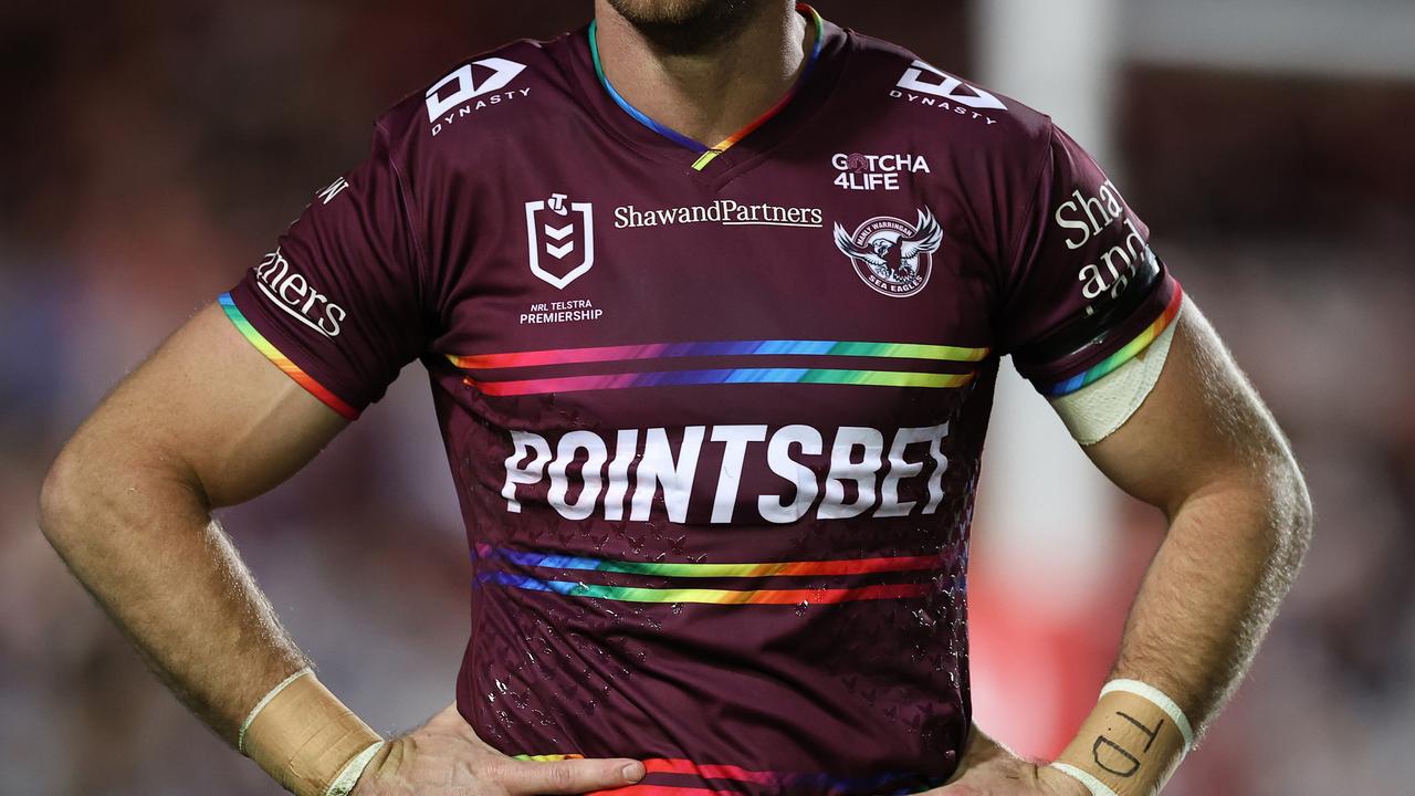 Manly players wore a rainbow pride jersey for the round 20 NRL clash with the Sydney Roosters. Picture: Getty Images