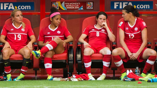Adriana Leon #19, Desiree Scott #11, Diana Matheson #8 and Christine Sinclair #12 . (Photo by Rich Lam/Getty Images)