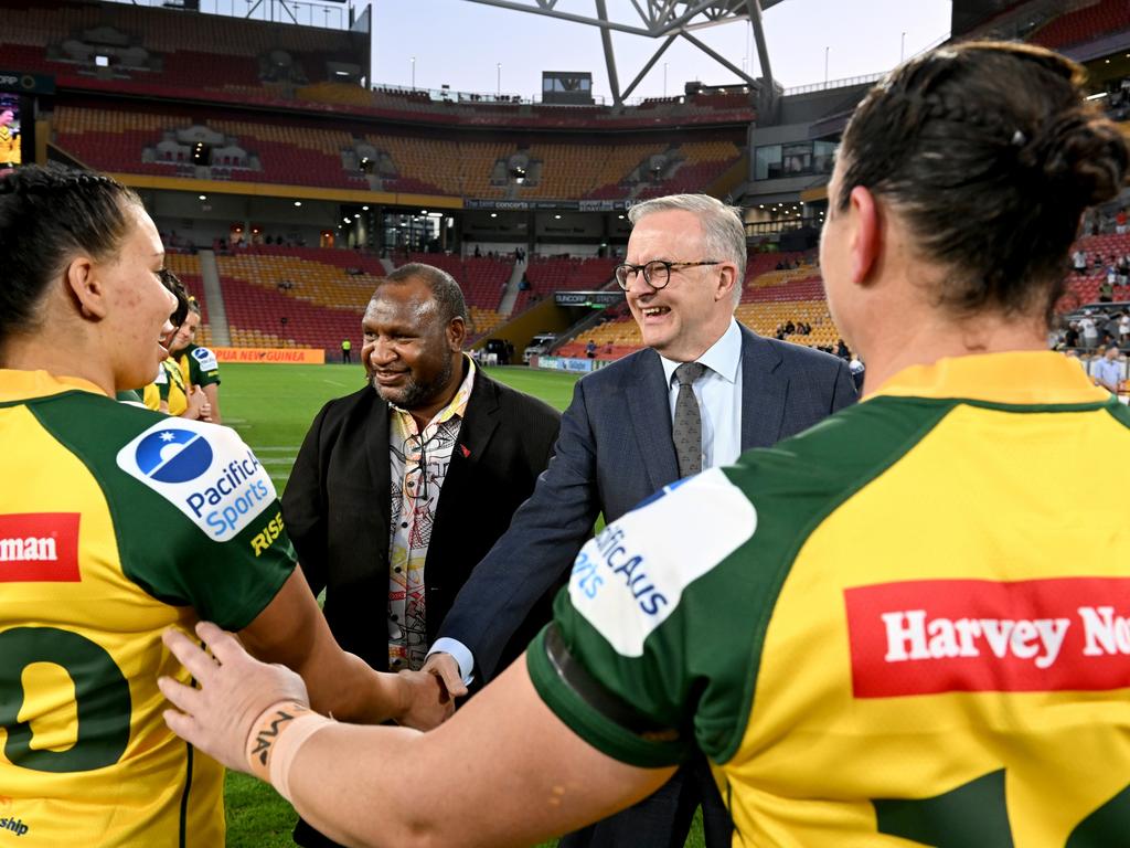 Mr Albanese and Mr Marape greeted players before the international match between the Australian Women’s PMs XIII and PNG Women’s PMs XIII in Brisbane in September. Picture: Bradley Kanaris/Getty Images