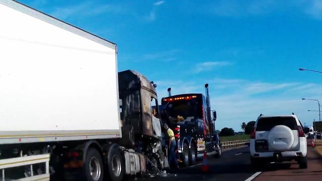 Dash cam footage captured the charred truck which blocked Burdekin Bridge. Picture: Supplied.