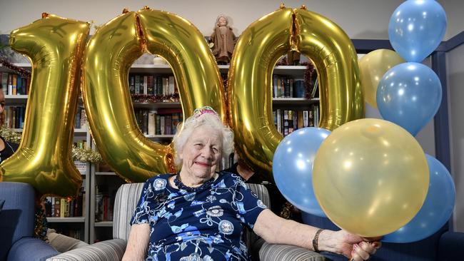 Edna Stevenson celebrates her 100th birthday at Blue Care Coolum Centre with family and friends.