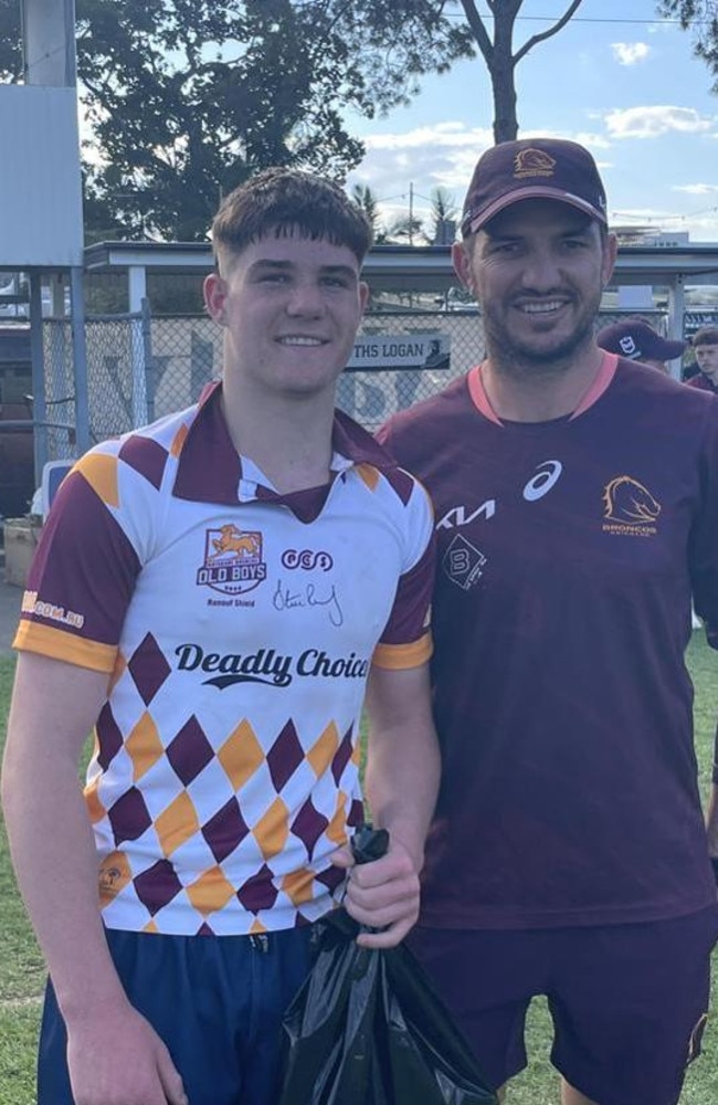 Ipswich SHS student Baxter Best with former Broncos champion Matt Gillett after a school fixture last year.