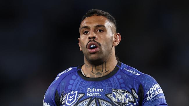 SYDNEY, AUSTRALIA - MAY 23:  Josh Addo-Carr of the Bulldogs warms up ahead of the round 12 NRL match between Canterbury Bulldogs and St George Illawarra Dragons at Accor Stadium on May 23, 2024, in Sydney, Australia. (Photo by Cameron Spencer/Getty Images)