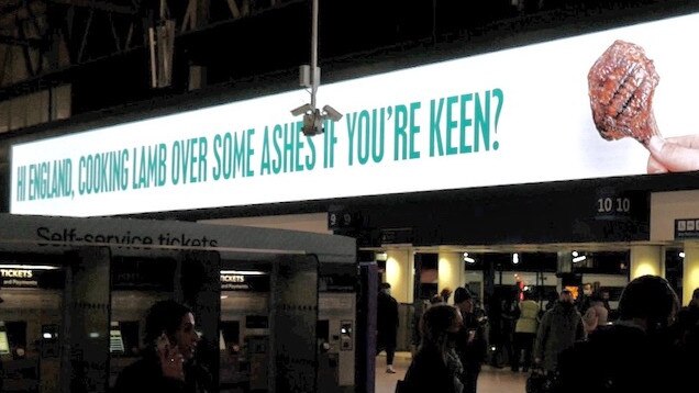 The Ashes lamb billboard on show in London.