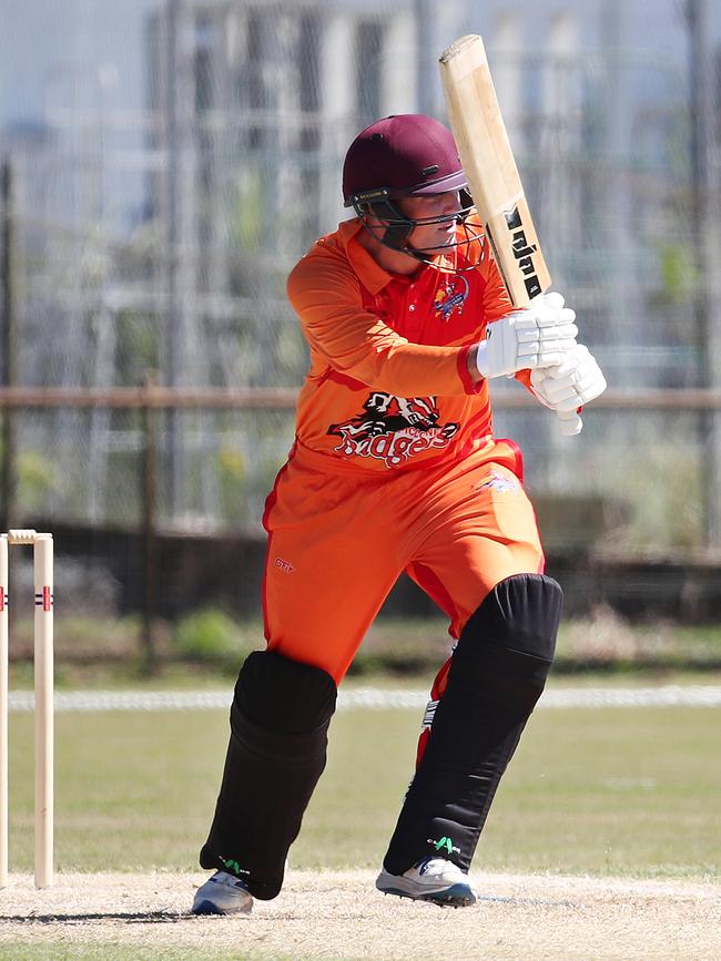 Badgers' Jake Roach bats in the T20 Barrier Reef Big Bash cricket match between the Designer First Homes Dare Devils and the Piccones Badgers, held at Griffiths Park, Manunda. Picture: Brendan Radke