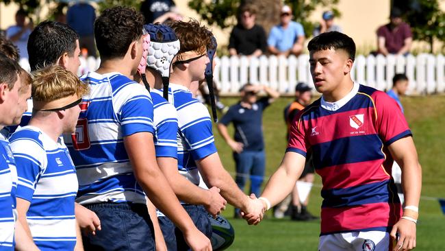 Nudgee and BSHS come together on the ground for the start of the game. Nudgee College v BSHS in the GPS First XV rugby. Saturday August 20, 2022. Picture, John Gass