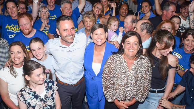 QLDVOTES24 LNP function at The Ville in Townsville. New members Adam Baillie, Janelle Poole and Natalie Marr celebrate with party friends.