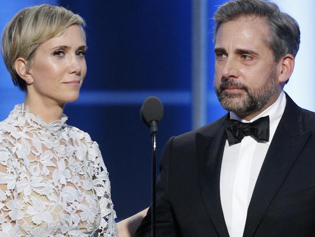 BEVERLY HILLS, CA - JANUARY 08: In this handout photo provided by NBCUniversal, presenters Kristen Wiig (L) and Steve Carell onstage during the 74th Annual Golden Globe Awards at The Beverly Hilton Hotel on January 8, 2017 in Beverly Hills, California. (Photo by Paul Drinkwater/NBCUniversal via Getty Images)