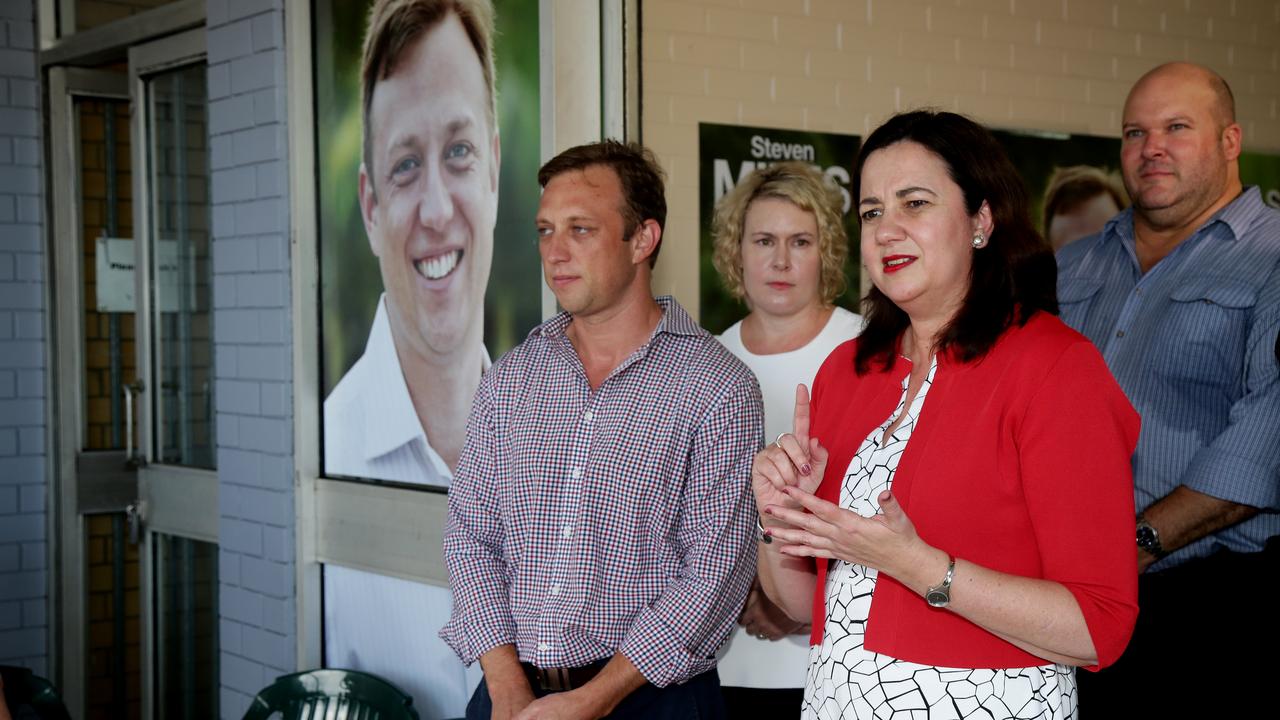 Back in the ’hood: Steven Miles at the opening of his Murrumba campaign office in 2017 with Annastacia Palaszczuk and his wife, Kim McDowell. Picture: Mark Calleja