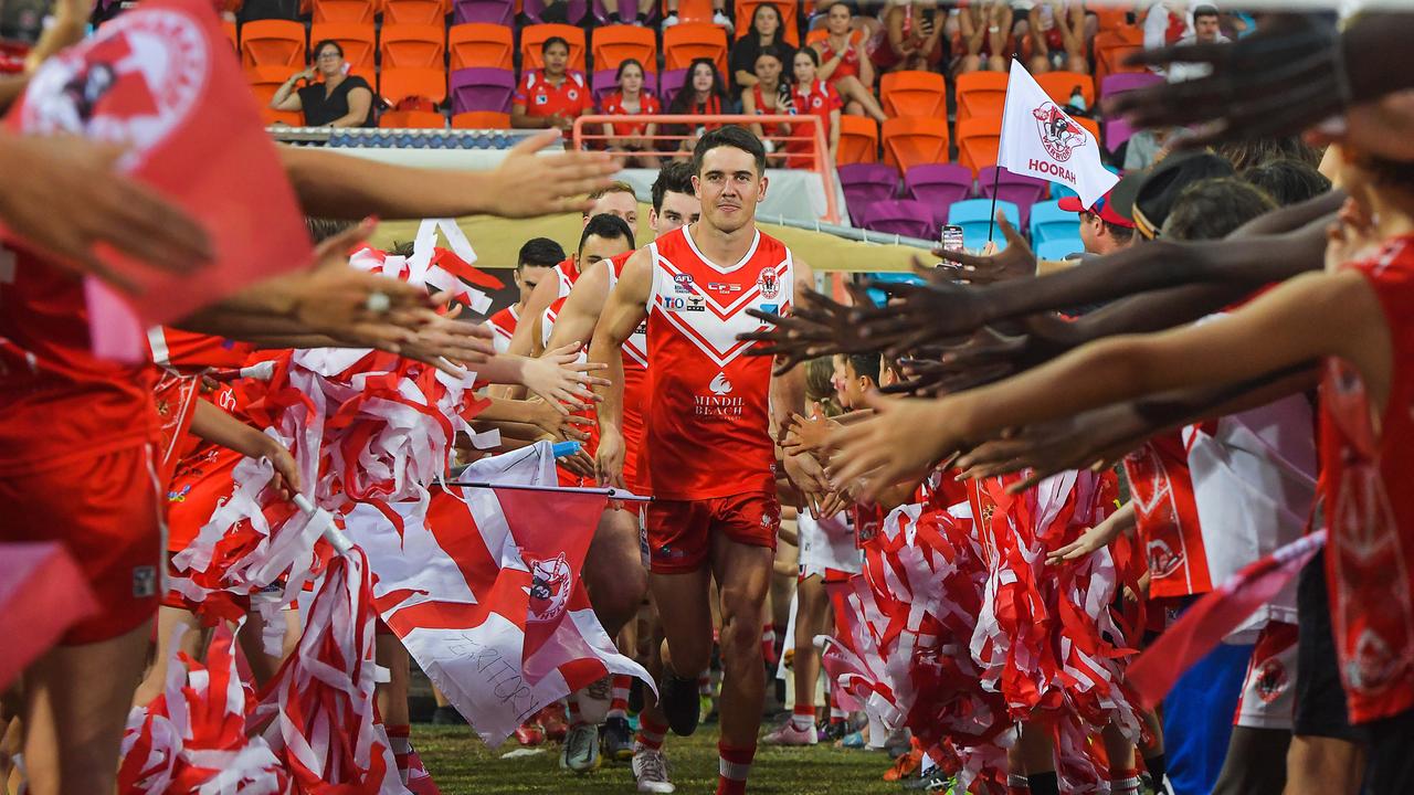 Waratah captain Brodie Carroll leads his side out ahead of the 2022-23 NTFL grand final. Picture: PEMA TAMANG Pakhrin