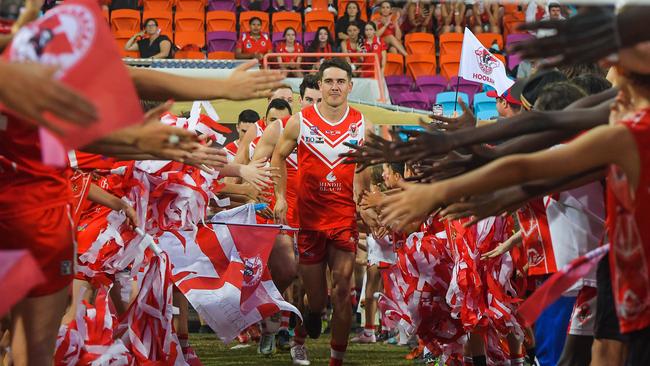 Waratah captain Brodie Carroll leads his side out ahead of the 2022-23 NTFL grand final. Picture: PEMA TAMANG Pakhrin