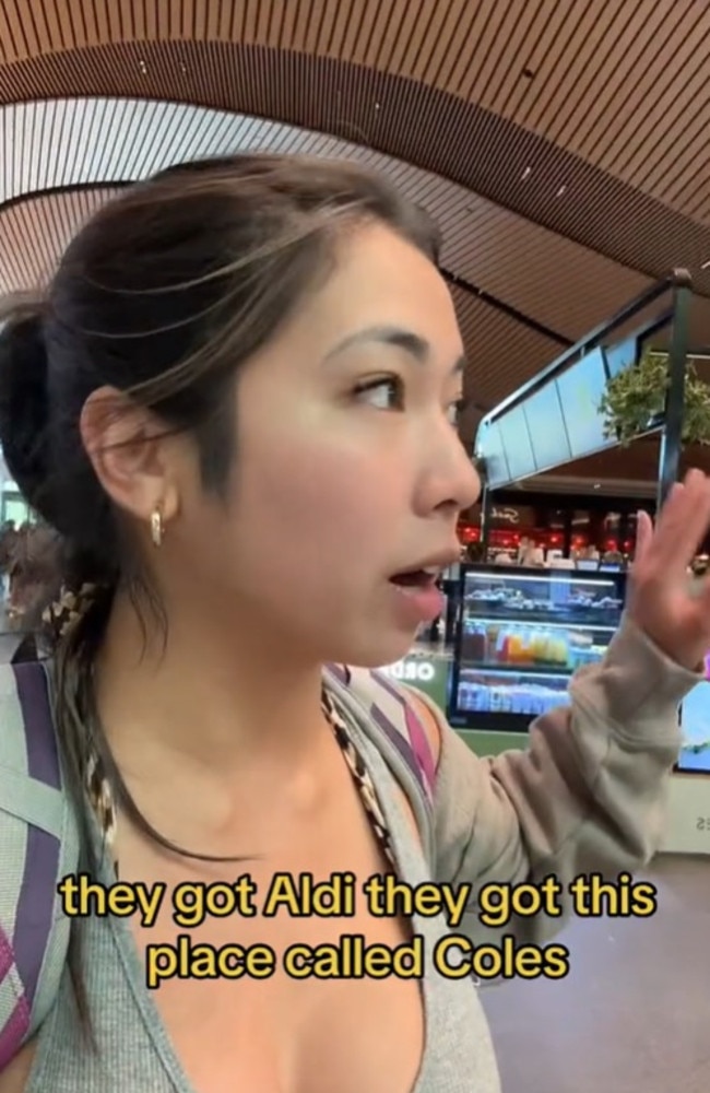 The US tourist was shocked by how ‘crazy’ Aussie shopping centres are, pointing out all the stores housed under the one roof. Picture: TikTok/beefystuu