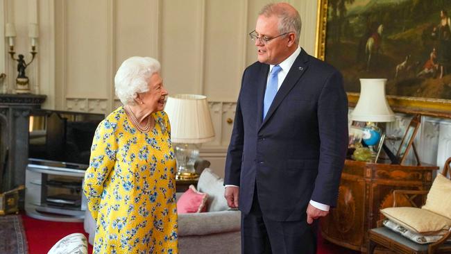 Queen Elizabeth and Scott Morrison in the Oak Room at Windsor Castle, Berkshire, on Tuesday night (AEST). Picture: AFP