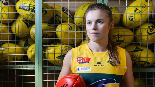 Former GWS AFLW player Stephanie Walker, pictured earlier this year after signing for Woodville-West Torrens, should be in contention for the Dutschke Medal after a strong season at Adelaide University. Picture: AAP/Brenton Edwards