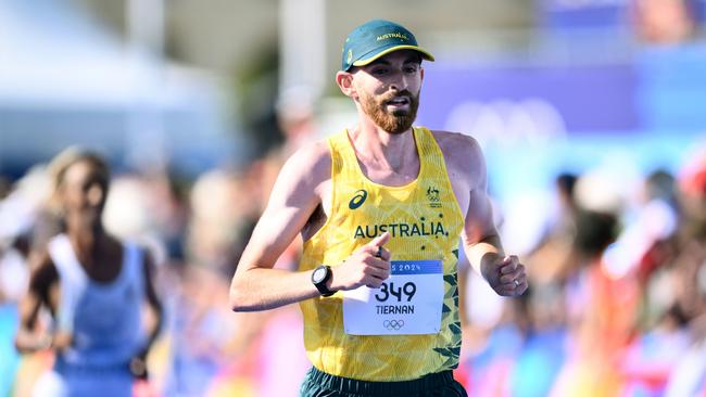 Patrick Tiernan crosses the finish line of the Paris Olympics marathon. Pictur: AAP Image/Joel Carrett