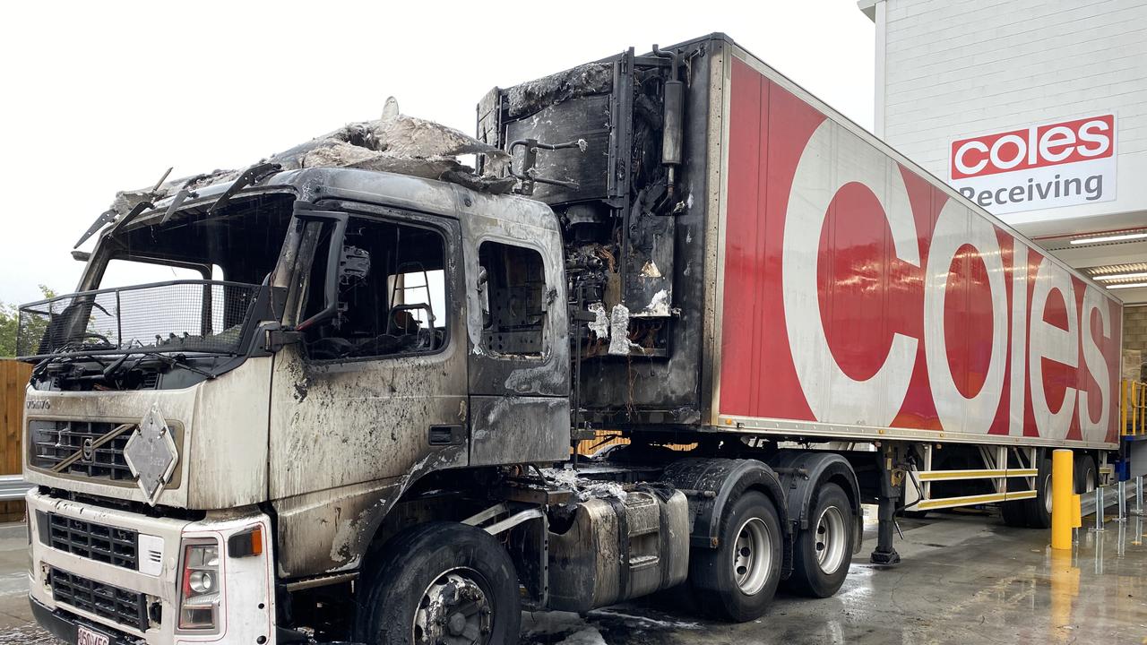 A delivery truck was destroyed by fire at the Glenvale Coles.