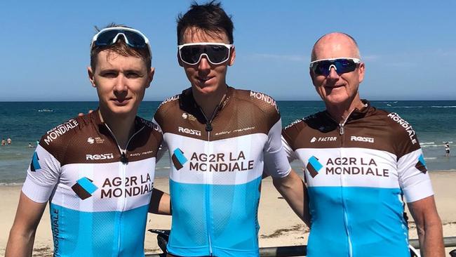 AG2r-La Mondiale's Romain Bardet, Clement Chevrier and Dr David Stapleton Henley Beach. Picture: Supplied