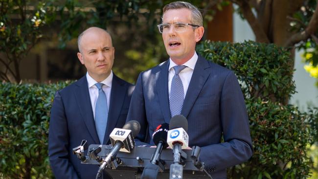 NSW Treasurer Matt Kean stood by the Premier as he made the announcement. Picture: NCA NewsWire/ Seb Haggett