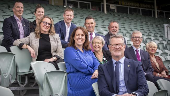 TFC AFL Club Inaugural Board of Directors, Chair Grant O'Brien with (Club Ambassador) Julie Kay, James Henderson, Kathy Schaefer, Alastair Lynch, Kath McCann, Alicia Leis, Roger Curtis, (Club Ambassador) Jack Riewoldt, Graeme Gardner and Laura McBain at UTAS Stadium. Picture: Chris Kidd