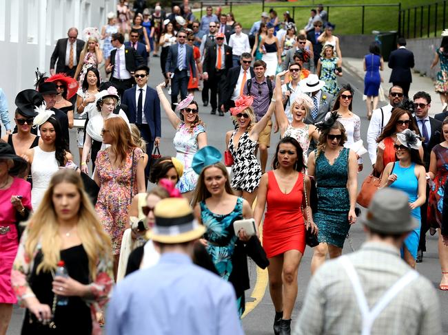 Ruth, Laura and Lisa arrive at the 2014 Melbourne Cup. Picture: Tim Carrafa