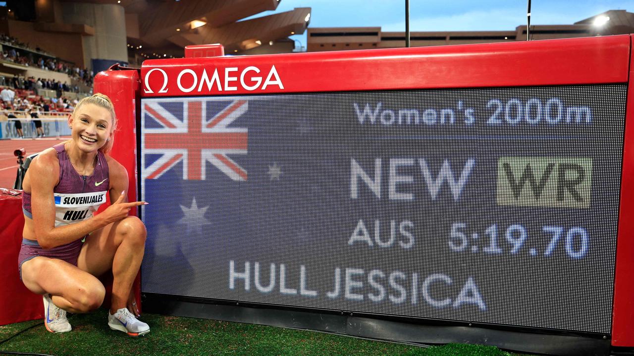 Australia's Jessica Hull poses after beating the world record in the women's 2000m event during the 'Wanda Diamond League' athletics meeting at the Stade Louis II stadium in Monaco on July 12, 2024. (Photo by Valery HACHE / AFP)