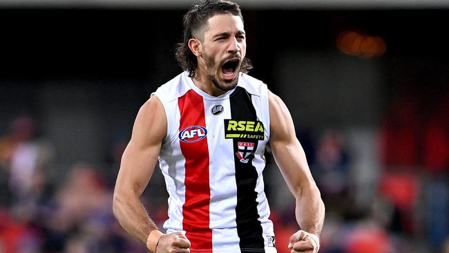 Ben Long celebrates a major as the Saints charge over the top of the Brisbane Lions. Picture: Getty Images